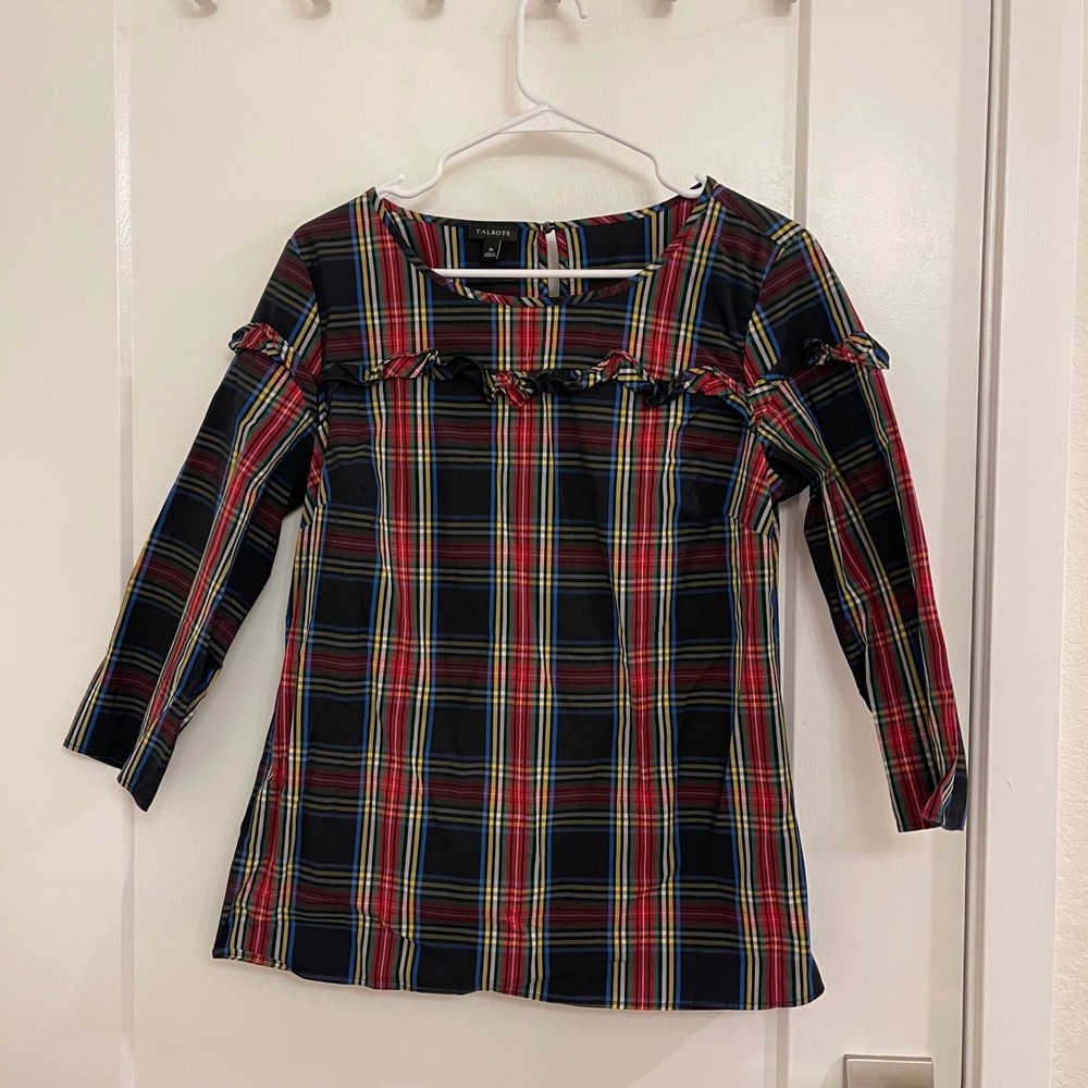 Talbots Plaid Holiday Blouse Tartan Christmas Classic Ruffled